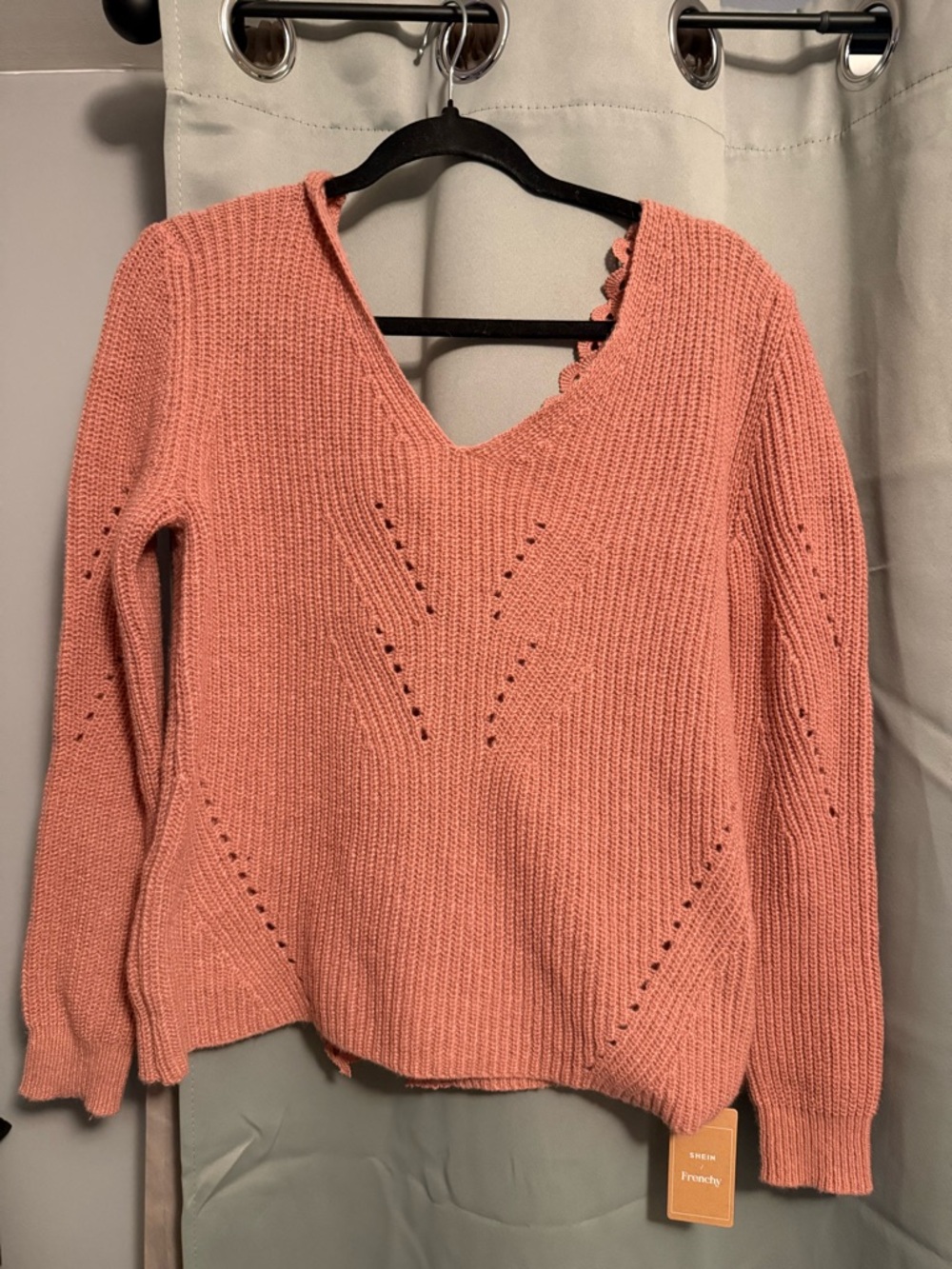 SHEIN Coral Pink V-Neck Eyelet Knit Sweater